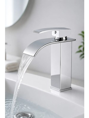 Kustar Şelale Lavabo Bataryası Krom – Tek Kollu Kare Banyo Lavabo Musluğu, Sıcak Soğuk Su Karışımlı Modern Armatür