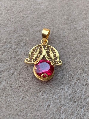 Bayar Gold 14 Ayar Altın Kırmızı Taşlı Lale Kolye Ucu