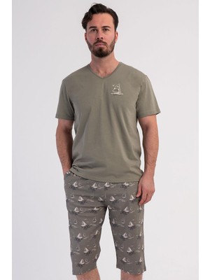 Vienetta Erkek Büyük Beden V Yaka Kısa Kollu Kapri Haki Pijama Takımı C3T7N0106