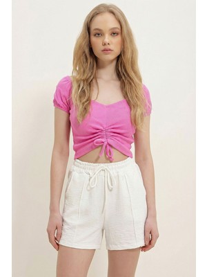 Bacc Lila V Yaka Büzgülü Kısa Kol Crop Bluz