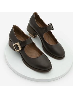 Marjin Kadın Tokalı Kalın Topuk Günlük Ayakkabı Loafer Meniz Kahve