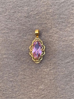 Bayar Gold 14 Ayar Altın Pembe Taşlı Telkari Kolye Ucu
