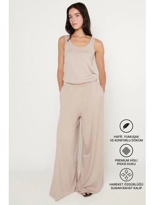 Altınyıldız Classics Kadın Bej Örme Pantolon Premium Viskon Yumuşak Dokulu Standart Fit Cepli Beli Lastikli Rahat