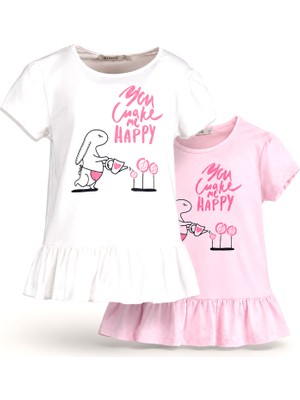 OZMOZ Tavşan Baskılı Beyaz ve Pembe Volanlı Kız Çocuk Tişört 2’li Set
