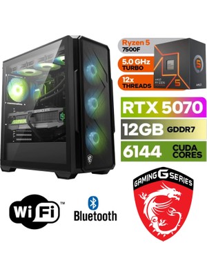 MSI Şafak-Gaming Pc Ddr5 Amd Ryzen 5 7500F 16GB Ddr5 Ram Rtx 5070 12GB 1tb M.2 SSD (5000/4000) Win 11 Pro Wi-Fi Masaüstü Oyuncu Bilgisayarı