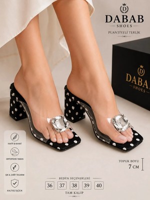 Dabab Shoes Rodın Kadın Şeffaf Bantlı Taş Tokalı Puantiye Desenli Kare Burunlu Siyah 7 cm Kalın Topuklu Terlik