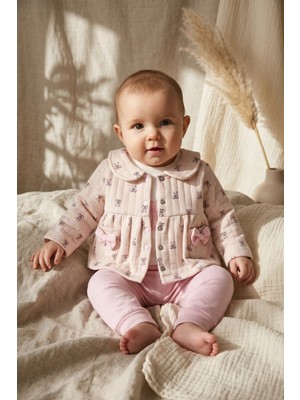 Babydonat Bella Bow Kız Bebek 3'lü Takım - Kapitone Ceket, Body ve Pantolon Seti - Pudra Pembe Fiyonk Detay