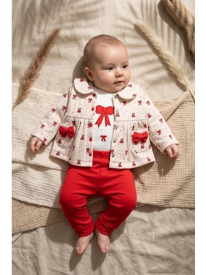 Babydonat Bella Bow Kız Bebek 3'lü Takım - Kapitone Ceket, Body ve Pantolon Seti - Kırmızı Fiyonk Detayl