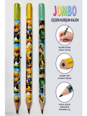Artlantis Mine Craft Jumbo Kurşun Kalem 3 Adet Fatih Üçgen Başlangıç Kalemi Siyah Ilk Kalemim Jumbo Kalın Kalem Kolay Tutuş