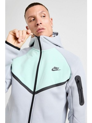 Nike Tech Fleece Mix Full Zip Windrunner Hoodie Kapüşonlu Unisex Sweatshirt Gri-Yeşil