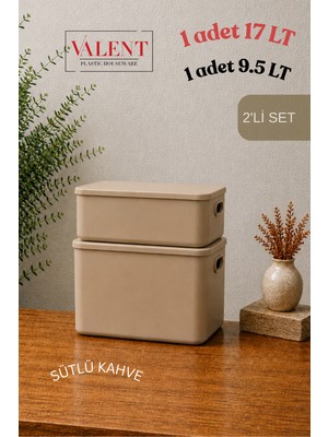 Valent Nero 2'li Set Çok Amaçlı Kapaklı Organizer Kutu Banyo Mutfak Düzenleyici 17 Lt V 9.5 Lt