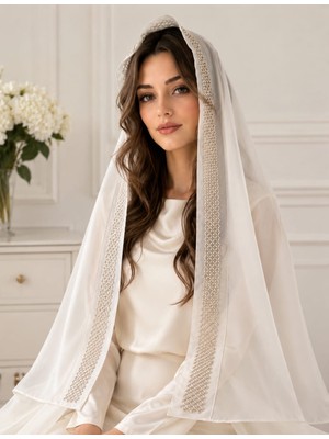 Ceylan Collection Mevlüt Örtüsü - Kırık Beyaz Boncuk Işlemeli Özel Tasarım Şifon Mevlüt Örtüsü 75×150