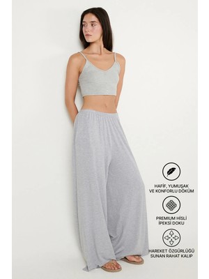 Altınyıldız Classics Kadın Gri Melanj Örme Pantolon Premium Viskon Yumuşak Dokulu Standart Fit Cepli Beli Lastikli Rahat