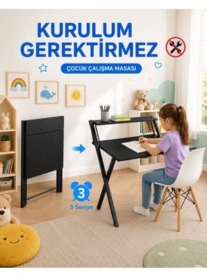 Unisoft Metal Ayaklı Laptop Masası Katlanır Çocuk Çalışma Masası Raflı Masa Katlanır Laptop Sehpası Dobo Siyah Siyah