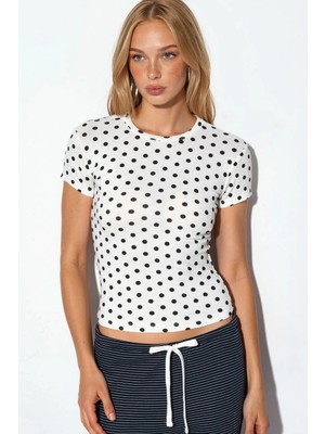 Hiccup Kadınlar Bdart Kadın Puantiyeli Slim Fit Bisiklet Yaka Tişört Tozlu Beyaz