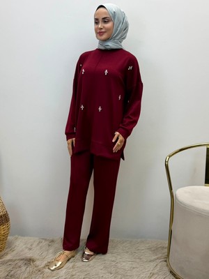 JOOQSTORE Taş Işlemeli Ikili Takım Tesettür Tunik Pantolon Takım