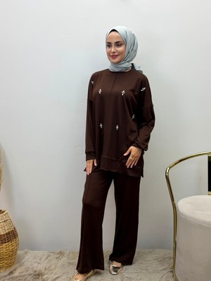 JOOQSTORE Taş Işlemeli Ikili Takım Tesettür Tunik Pantolon Takım