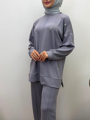 JOOQSTORE Taş Işlemeli Ikili Takım Tesettür Tunik Pantolon Takım