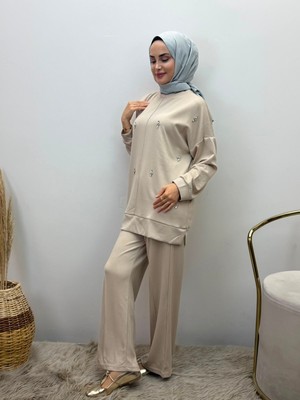 JOOQSTORE Taş Işlemeli Ikili Takım Tesettür Tunik Pantolon Takım