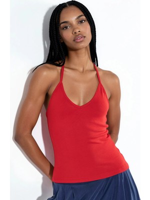 Hiccup Kadınlar Busem Slim Fit Halter Yaka Jarse Bluz Kırmızı