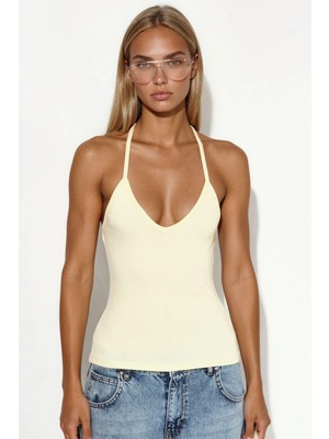 Hiccup Kadınlar Busem Slim Fit Halter Yaka Jarse Bluz Krem Doğal