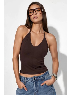 Hiccup Kadınlar Busem Slim Fit Halter Yaka Jarse Bluz Siyah