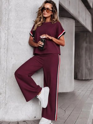 Defy Moda Kadın Kısa Kollu Bisiklet Yakalı Ribanalı Viskon Iki Iplik Bluz ve Pantolon Ikili Takım