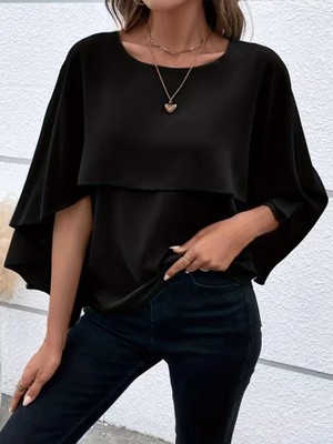 Defy Moda Kadın Kısa Kollu Yuvarlak Yakalı Geniş Kesimli Yarasa Kollu Sandy Bluz