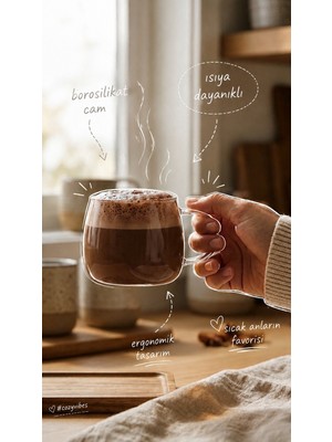 Bienca Cam Kupa 2'li Set | 400 ml Borosilikat Cam, Yuvarlak Kulplu Sıcak & Soğuk Içecek Bardağı-Cam Çay Fincanı