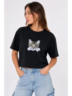 Venera Butik Kedi Baskılı Oversize Crop Tişört Salaş Basic Yarım Kol T-Shirt - Siyah
