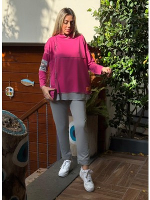 Venera Butik Kadın Pembe Kapşonlu Etek Ucu Detay Arma Ters Dikiş Gorunumlu Ikili Takım