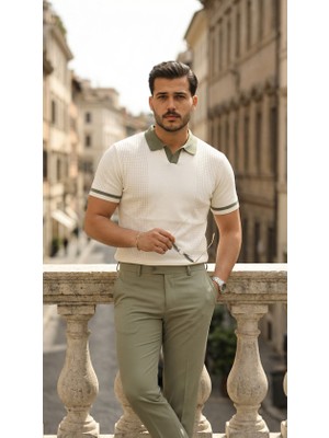 Venera Butik Erkek Renkli Yakalı File Desenli Kısa Kollu Tişört