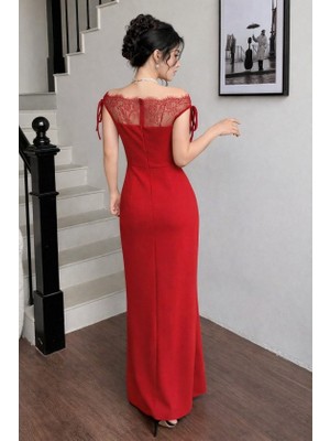 Venera Butik Kadın Göğüs ve Yakası Dantel Detaylı Kayık Yaka Görünümlü Uzun Ithal Krep Elbise