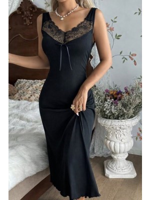 Venera Butik Kadın Askılı Dantel Yakalı Uzun Kalın Fitilli Kaşkorse Gecelik