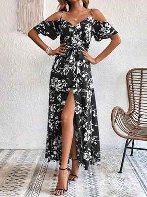 Venera Butik Kadın Ip Askılı Kısa Kollu Kruvaze Yakalı Yırtmaçlı Desenli Süprem Elbise