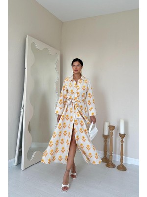Venera Butik Bej Desenli ve Önü Düğmeli Keten Elbise