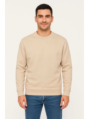 Venera Butik Erkek Üç Iplik Düz Bisiklet Yaka Sweatshirt - Bej