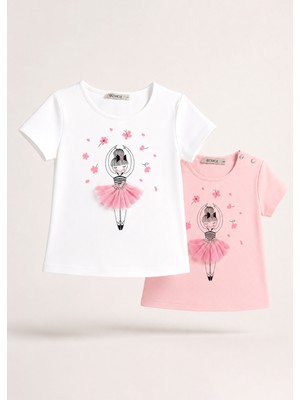 OZMOZ Balerin Baskılı Beyaz ve Pembe Kız Çocuk T-Shirt 2li Set