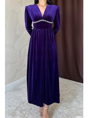 Venera Butik Mor Göğüs Altı Taşlı Elbise