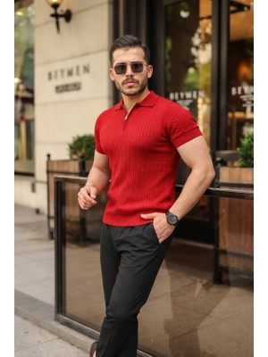 Venera Butik Erkek Örgü Desen Fermuar Yakalı Triko Tişört