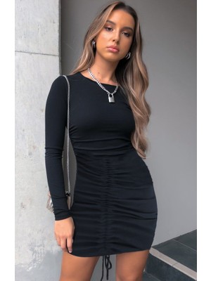 Venera Butik Kadın Uzun Kollu Bisiklet Yaka Ön Büzgülü Kaşkorse Elbise