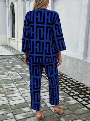 Venera Butik Kadın Uzun Kollu Önü Açık Desenli Iki Iplik Ceket ve Pantolon Ikili Takım