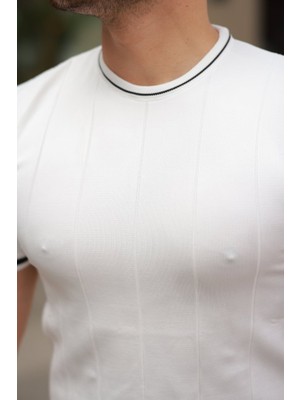 Venera Butik Erkek Bisiklet Yaka Çizgi Desenli Ribanalı Kısa Kollu Tshirt