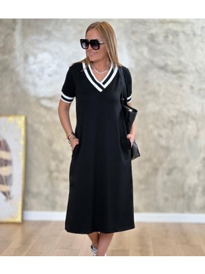 Venera Butik Kadın Kısa Kollu V Yaka Kol ve Yaka Ribana Detay Midi Boy Viskon Elbise