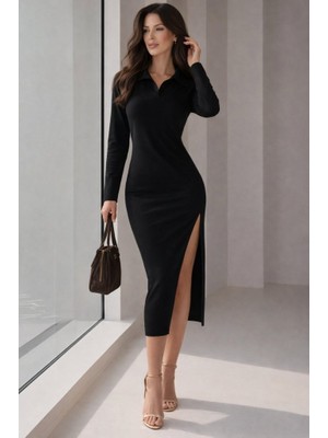 Venera Butik Kadın Uzun Kollu Yakalı Yandan Yırtmaçlı Midi Modal Elbise