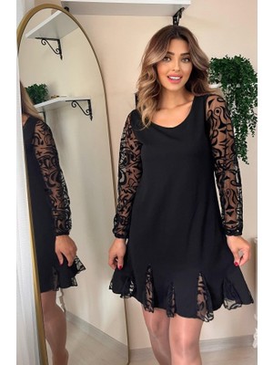 Venera Butik Kadın Uzun Kollu Yuvarlak Yaka Kol ve Etek Ucu Dantelli Kısa Ithal Krep Elbise