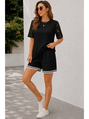 Venera Butik Kadın Kısa Kollu Bisiklet Yakalı Waffle Bluz ve Short Ikili Takım