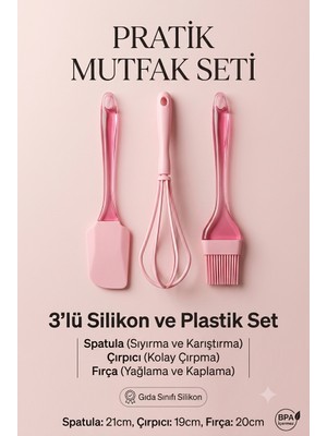 Primeaks 3'lü Silikon Mutfak Hazırlık Seti - Yanmaz Yapışmaz Çırpıcı, Spatula ve Yumurta Fırçası