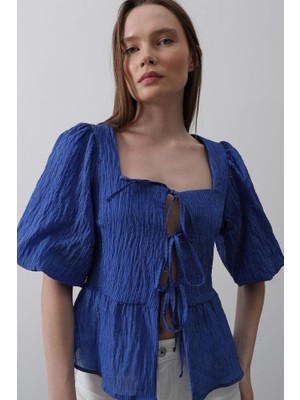 Venera Butik Kare Yaka Balon Kol Bluz - Mavi