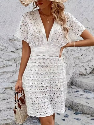 Venera Butik Kadın Kısa Kollu V Yakalı Örme Triko Elbise